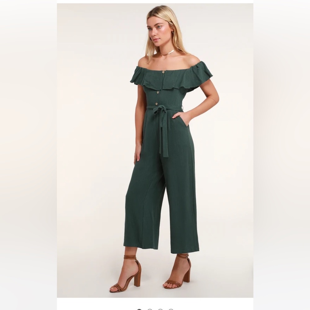 June Bloom Off the Shoulder Jumpsuit in Green from Lulus Size X-Small